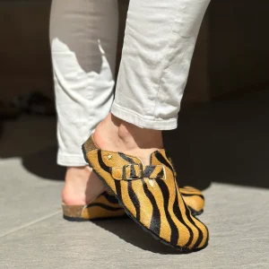 Mules/sabot CUBANAS Poilus zèbre camel et noir femme
