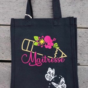 Tote bag maîtresse / Sac cadeau maîtresse / Tote bag personnalisé maîtresse / Cadeau fin d’année scolaire / Sac tissu maîtresse / Tote bag crayon et fleurs / Idée cadeau maîtresse